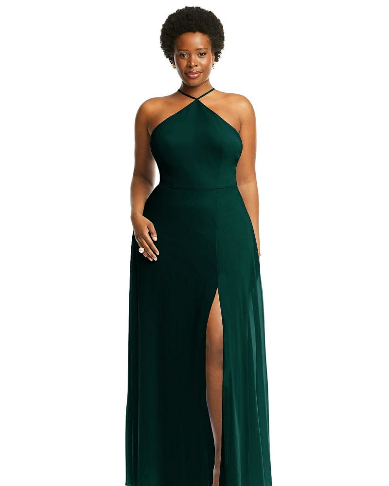 Front of a model wearing a size 22W Diamond Halter Maxi Dress with Adjustable Straps in Evergreen by Lovely. | dia_product_style_image_id:267177